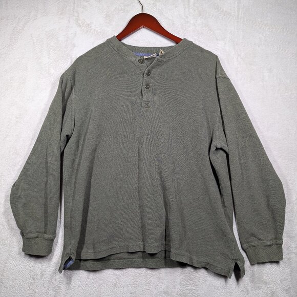 LL Bean Men's Unshrinkable Mini-Waffle Henley Green Long-Sleeve Large Reg Fit ** - Picture 1 of 10
